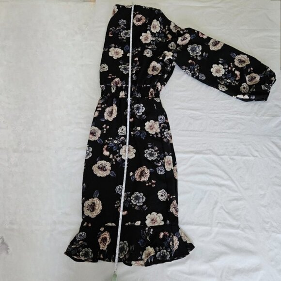 Aqua Curve Dress 2X Floral Smoked Waist LS Midi Ruffle Hem Lined V Neck USA Made - Picture 11 of 16